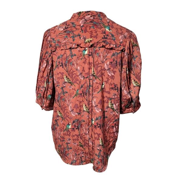 Anthropologie Maeve Liliana Orange Bird Pleated Button Down Blouse Size Medium - Picture 4 of 10
